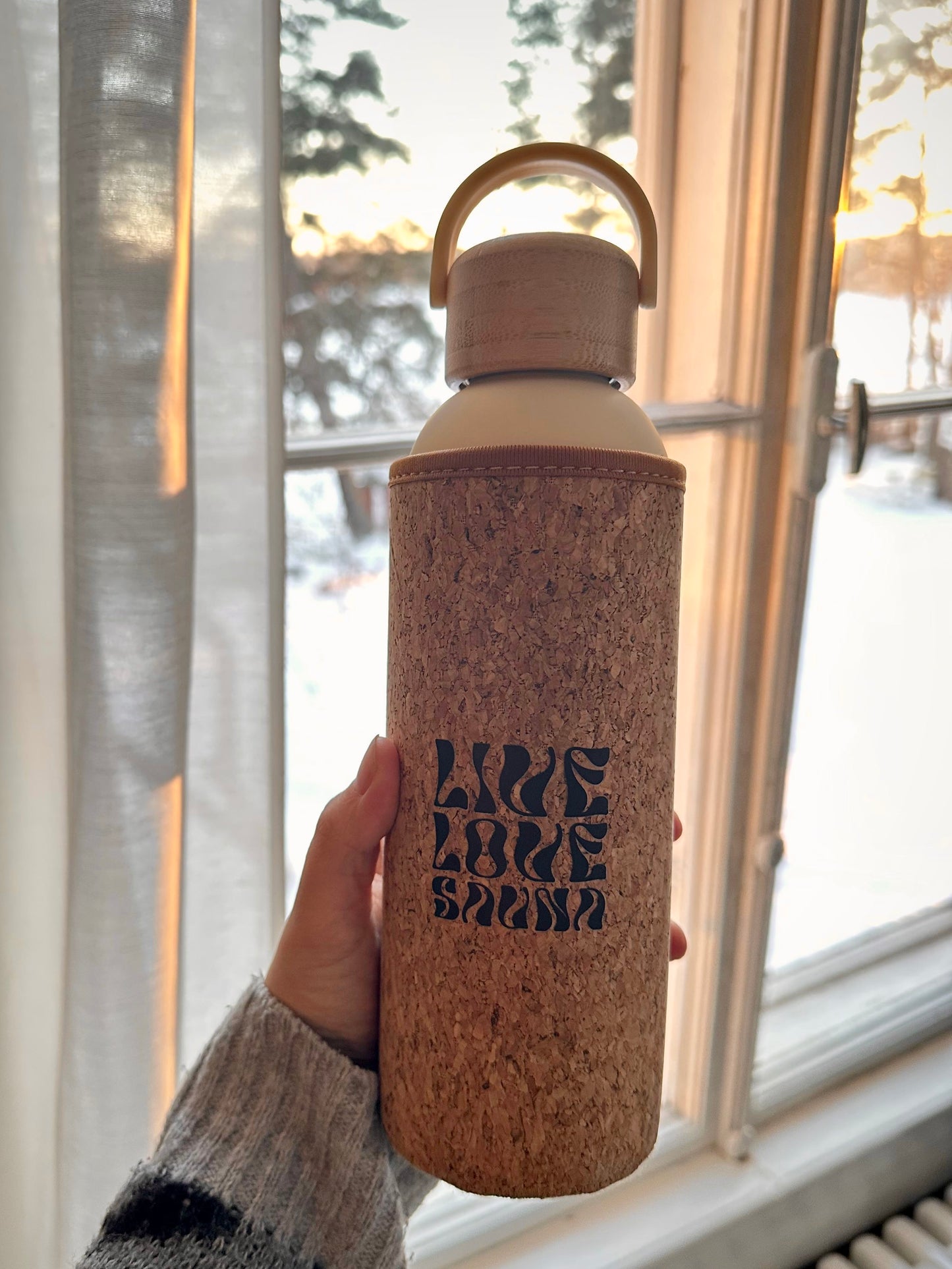 Live, love, sauna -saunajuomapullo 0,5 l beige / musta