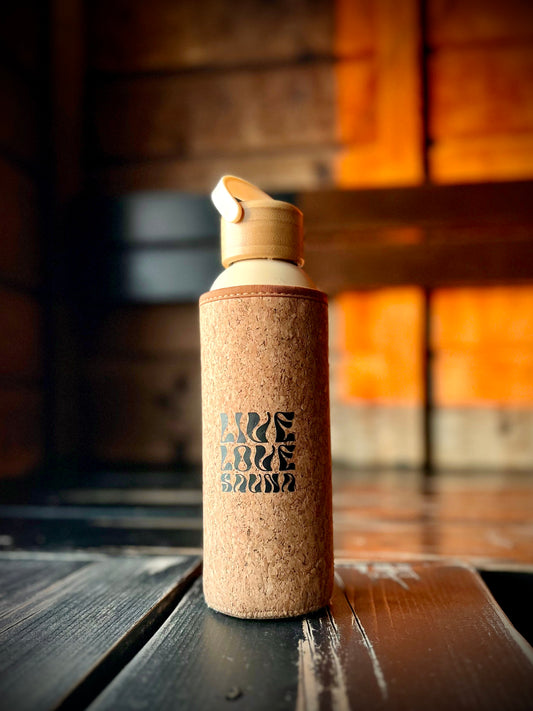 Live, love, sauna -saunajuomapullo 0,5 l beige / tummansininen